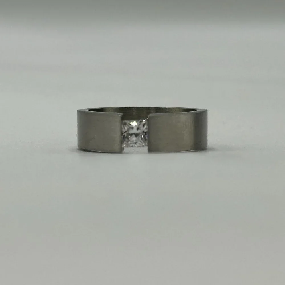 Stainless Steel Ring Size 6.5 Channel Set Clear Princess Cut Stone Modern Band - Picture 5 of 10